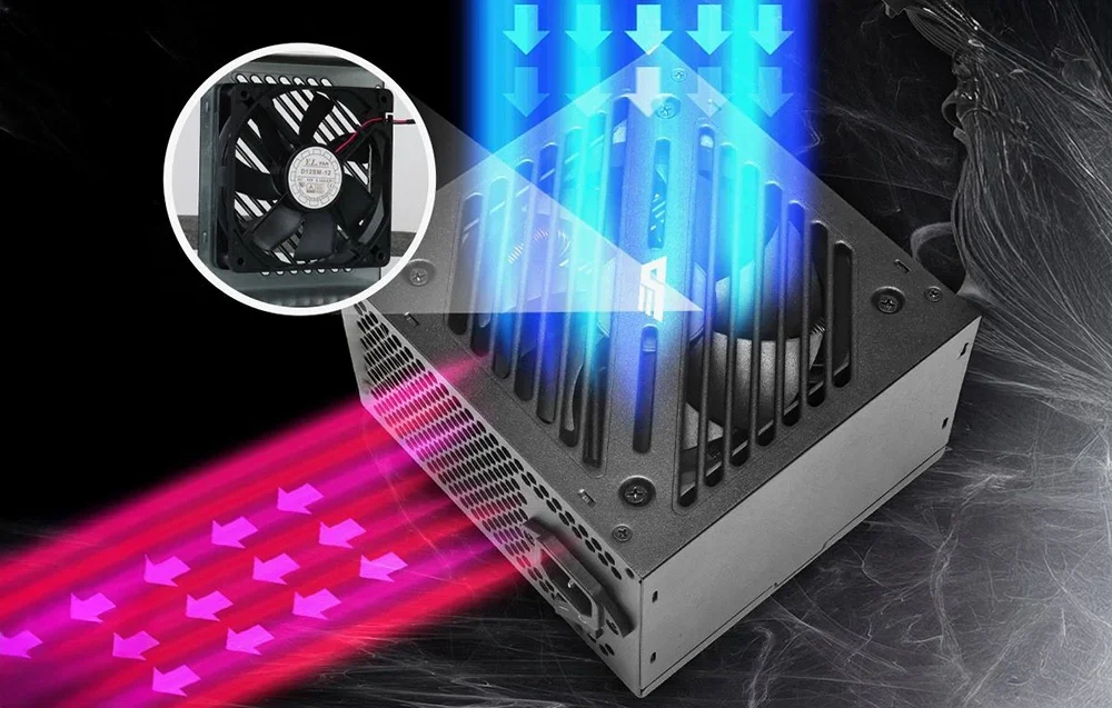 Maitinimo blokas su oro srauto iliustracija, ventiliatorius apskritime, mėlynos ir rožinės rodyklės tamsiame fone