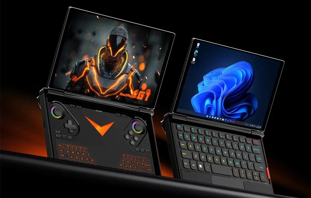 Two gaming laptops with open screens showing games and operating systems, one with backlit keyboard