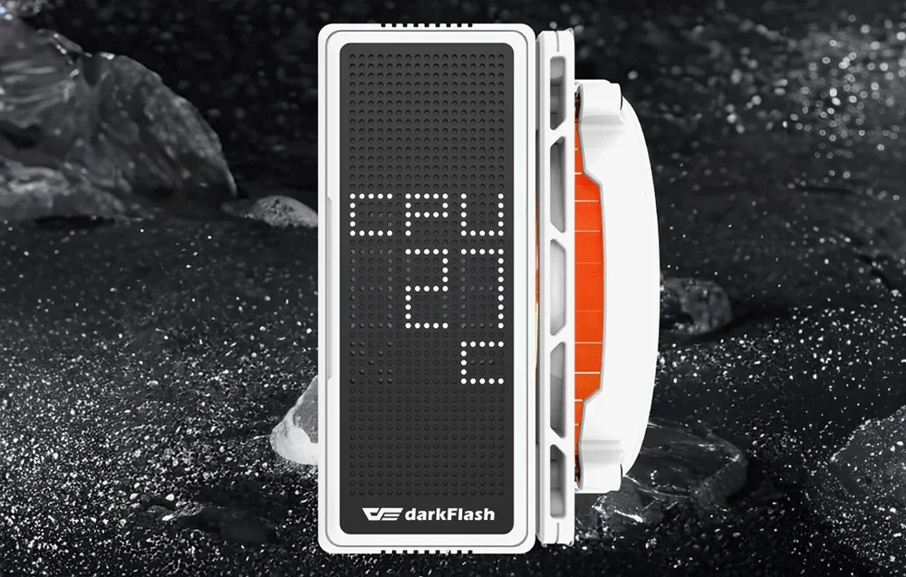 Baltas Darkflash aktyvus aušintuvas su LED ekranu juodų uolų fone