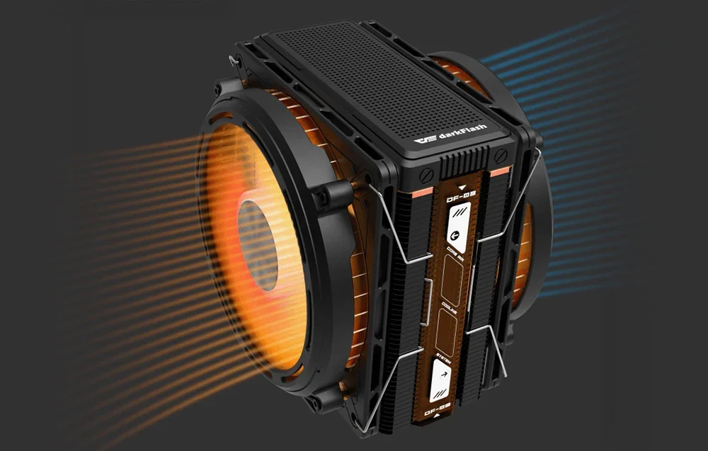 Darkflash aktyvus aušintuvas su dviem ventiliatoriais ir apšvietimu tamsiame fone