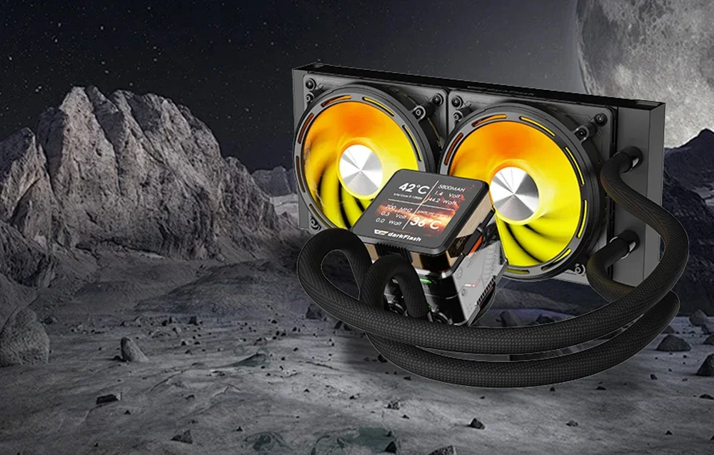 Vandeninis aušintuvas procesoriui su 2 ventiliatoriais juodame fone