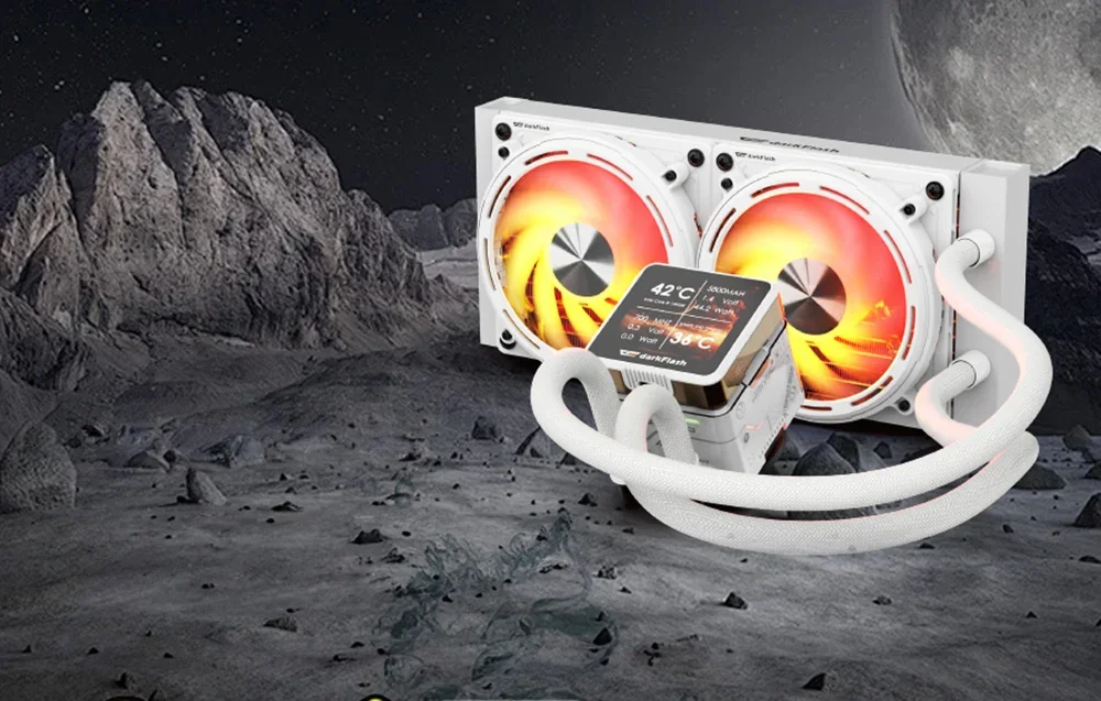 Baltas vandeninio aušintuvo ekranas su uolos ir mėnulio fonu