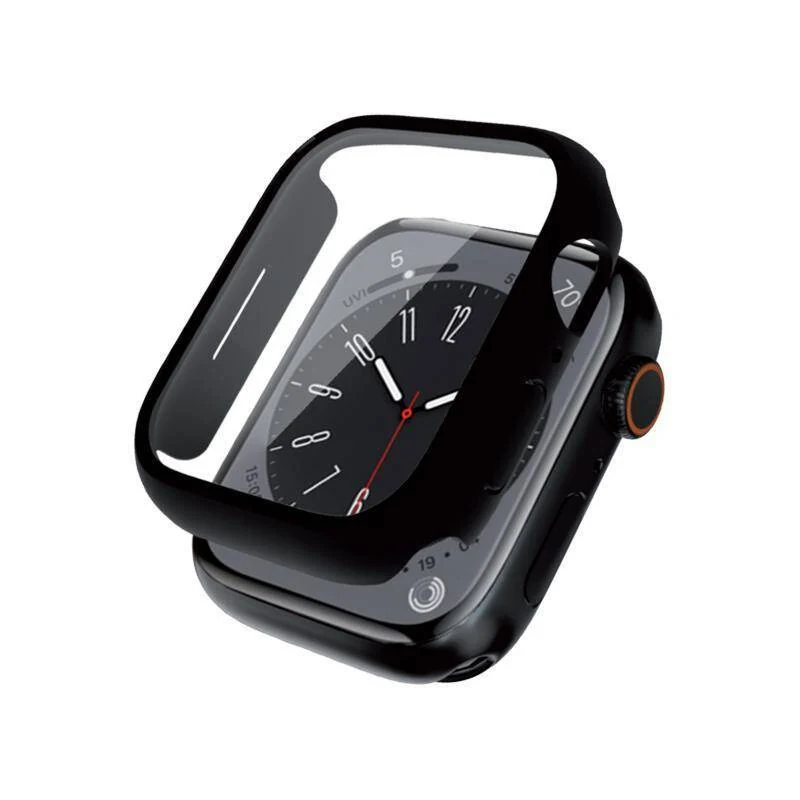 Black watch case with integrated clear glass shown lifted above a dark-coloured watch