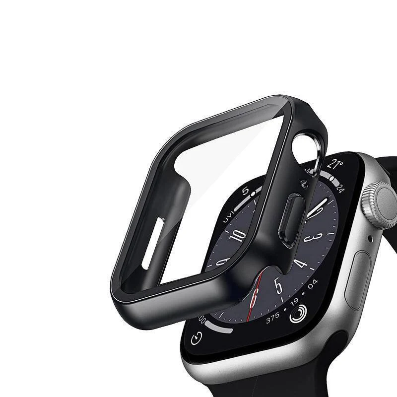 Black watch case with integrated clear glass shown lifted above a silver-coloured watch