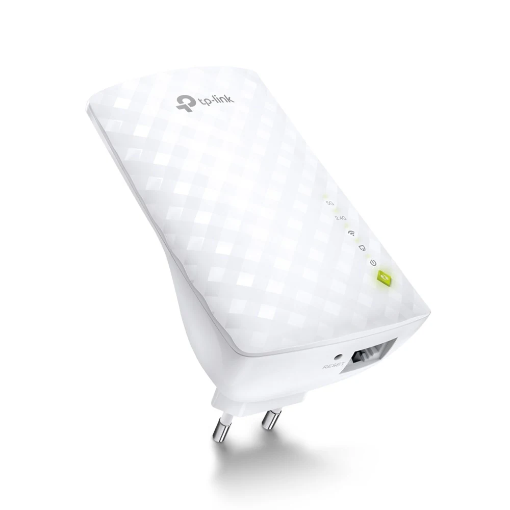 Белый расширитель TP-LINK AC750 с противоположного угла и портом Ethernet снизу