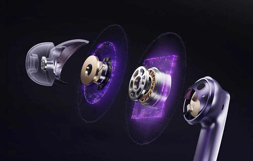 Techninis belaidės ausinės pjūvis, rodantis vidinius komponentus, garsiakalbį ir integrinį grandyną