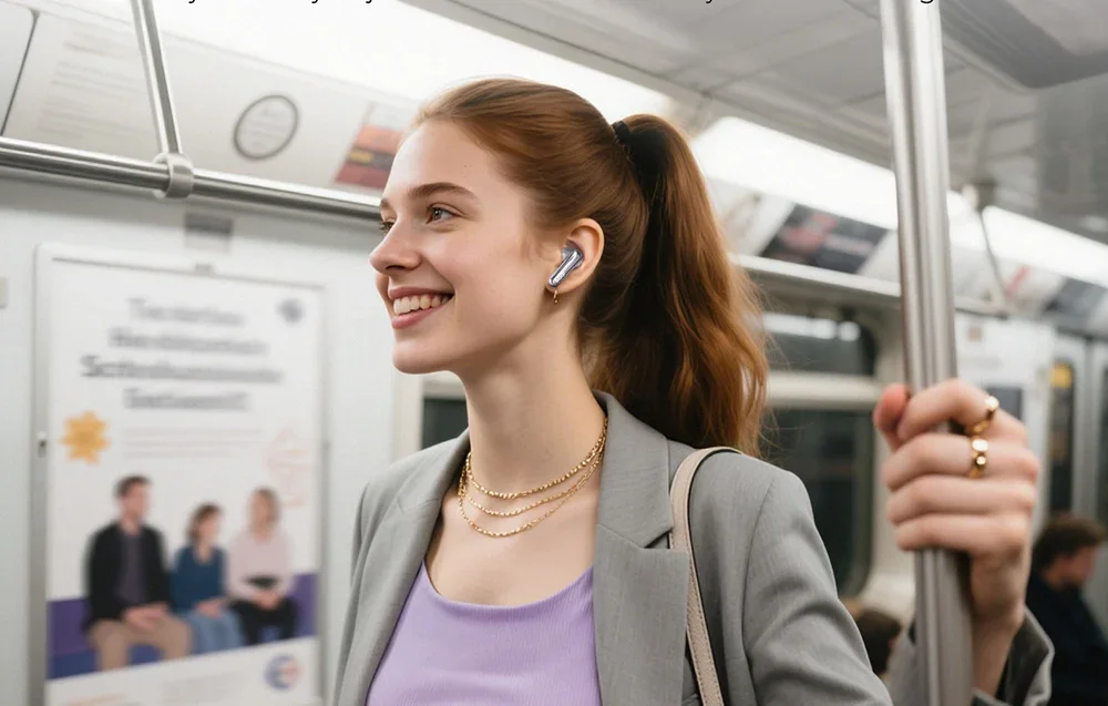 Besišypsanti moteris violetine palaidine ir pilku švarku važiuoja metro su sidabrine ausine ausyje