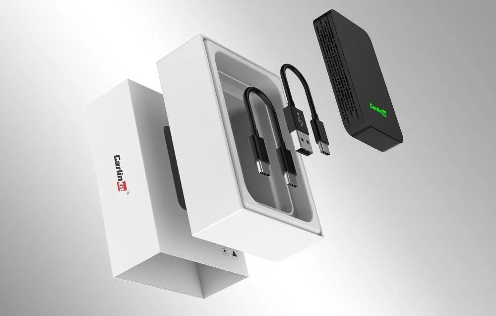 Carlinkit 2AIR-T, du trumpi laidai ir atverta pakuotė