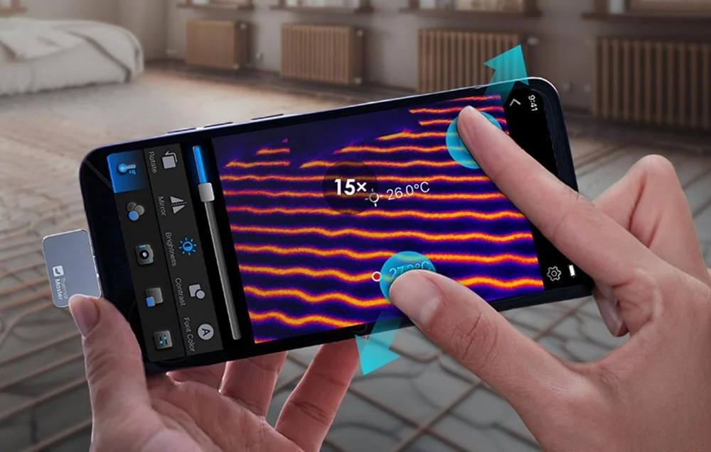 Telefonu ir P2 Pro termovizoriumi tikrinamas grindinis šildymas