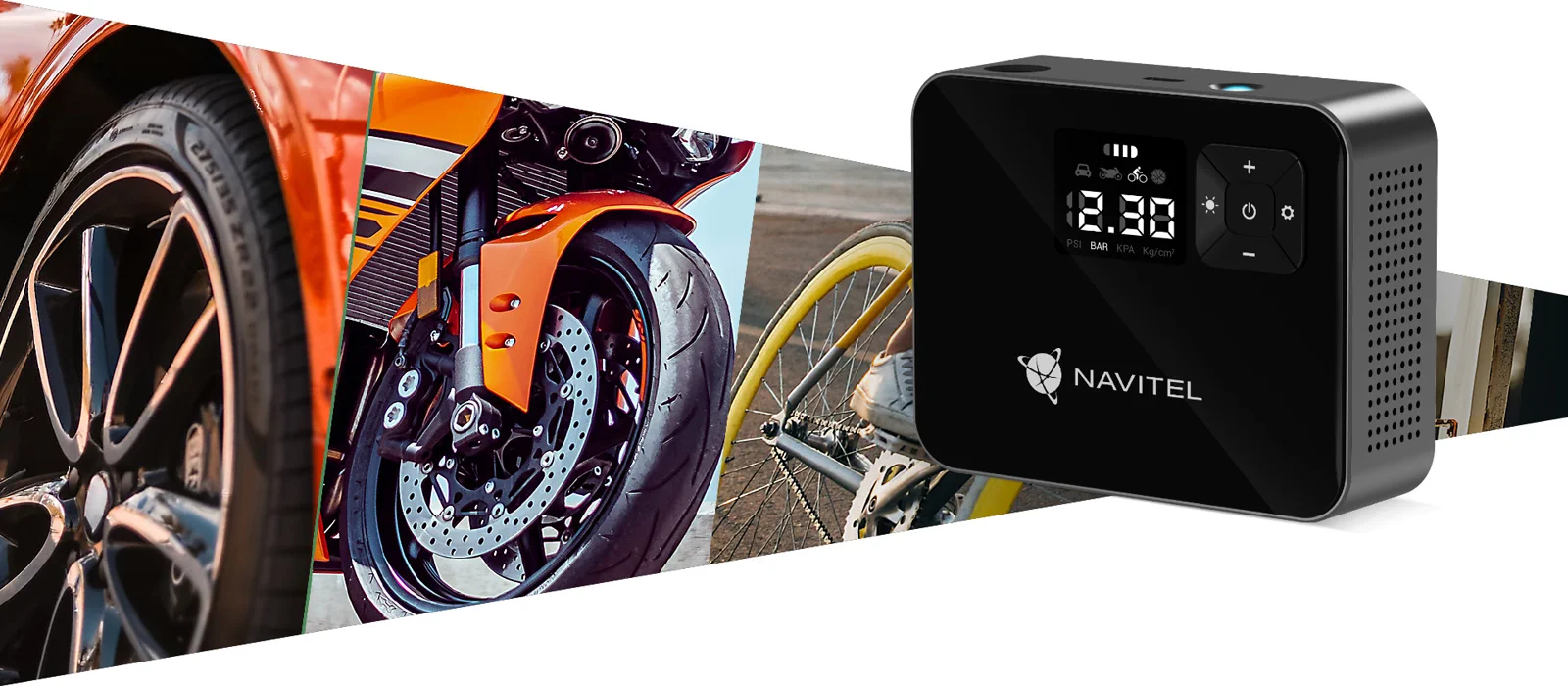 „Navitel AIR 15 AL“ kompresorius šalia transporto priemonių ir dviračio padangų