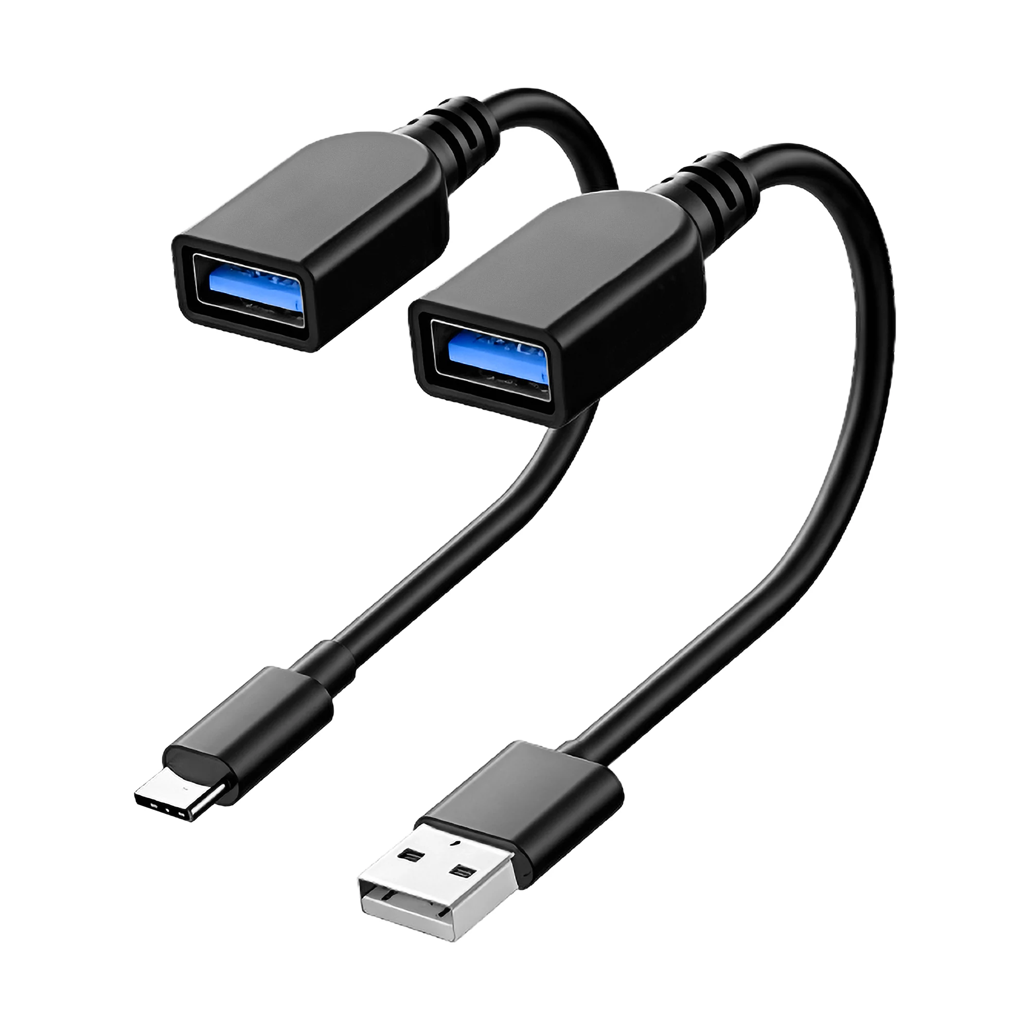 Du trumpi kabeliai su USB-A lizdais ir USB-C bei USB-A kištukais