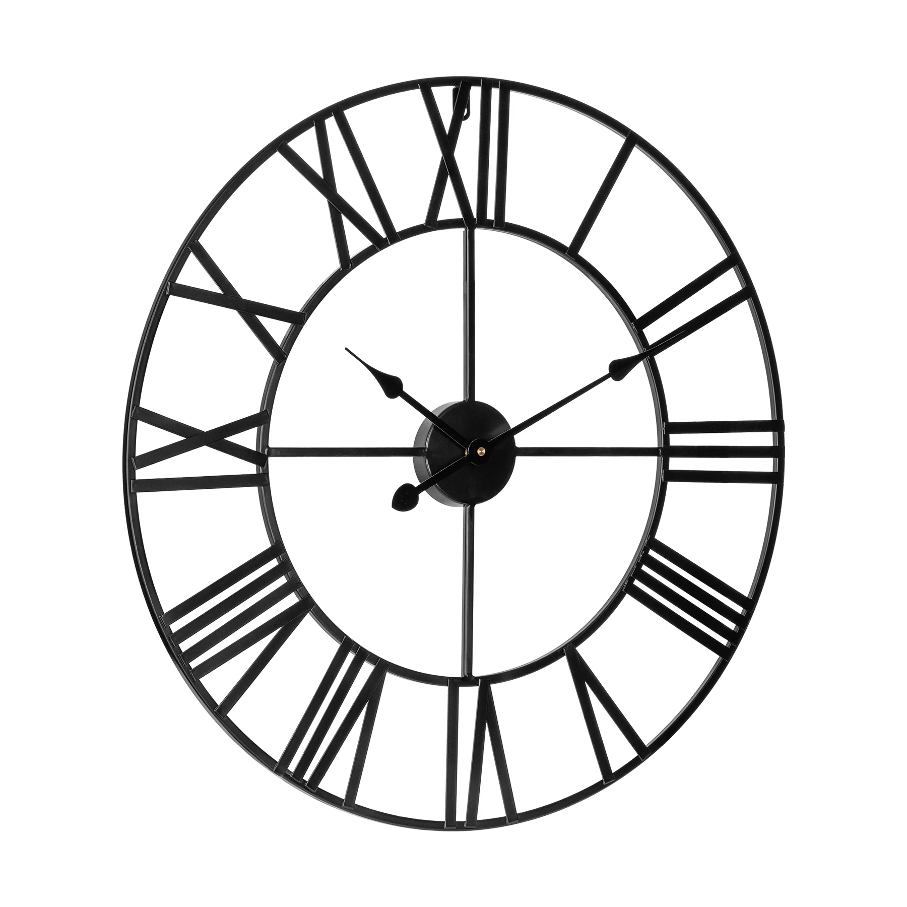 Black metal wall clock with Roman numerals