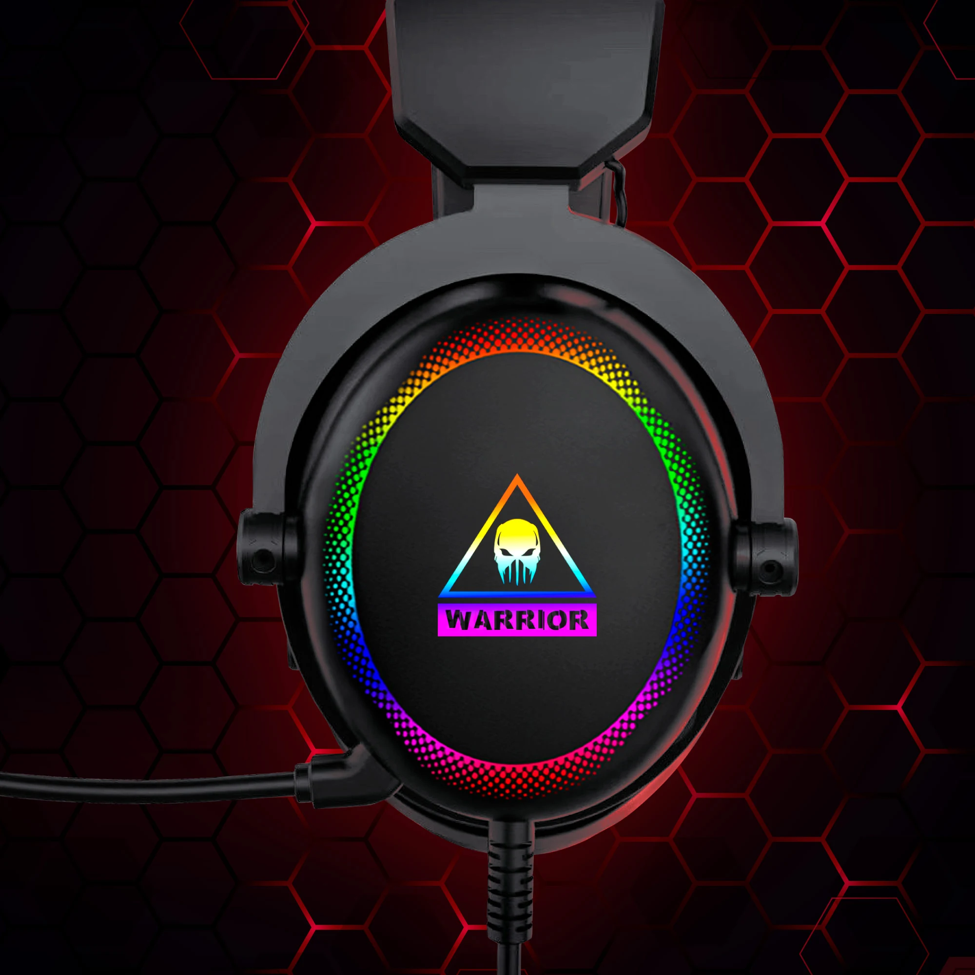 Warrior GH-50 ausinės kaušelis su spalvotu šviesos žiedu ir Warrior logotipu.