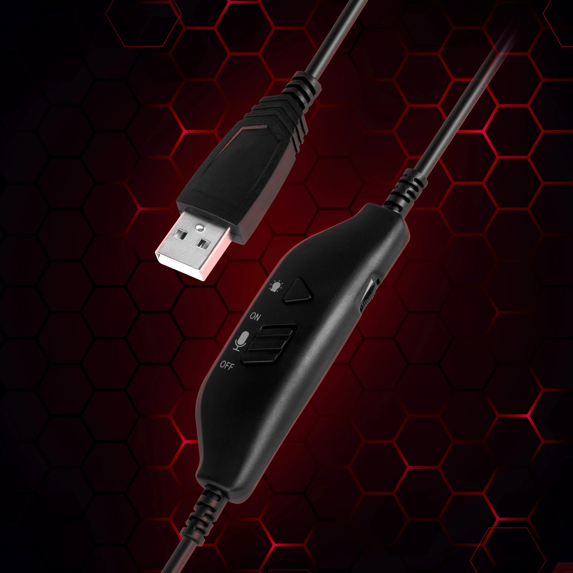 USB kištukas ir laide esantis valdiklis su mygtukais bei jungikliu.