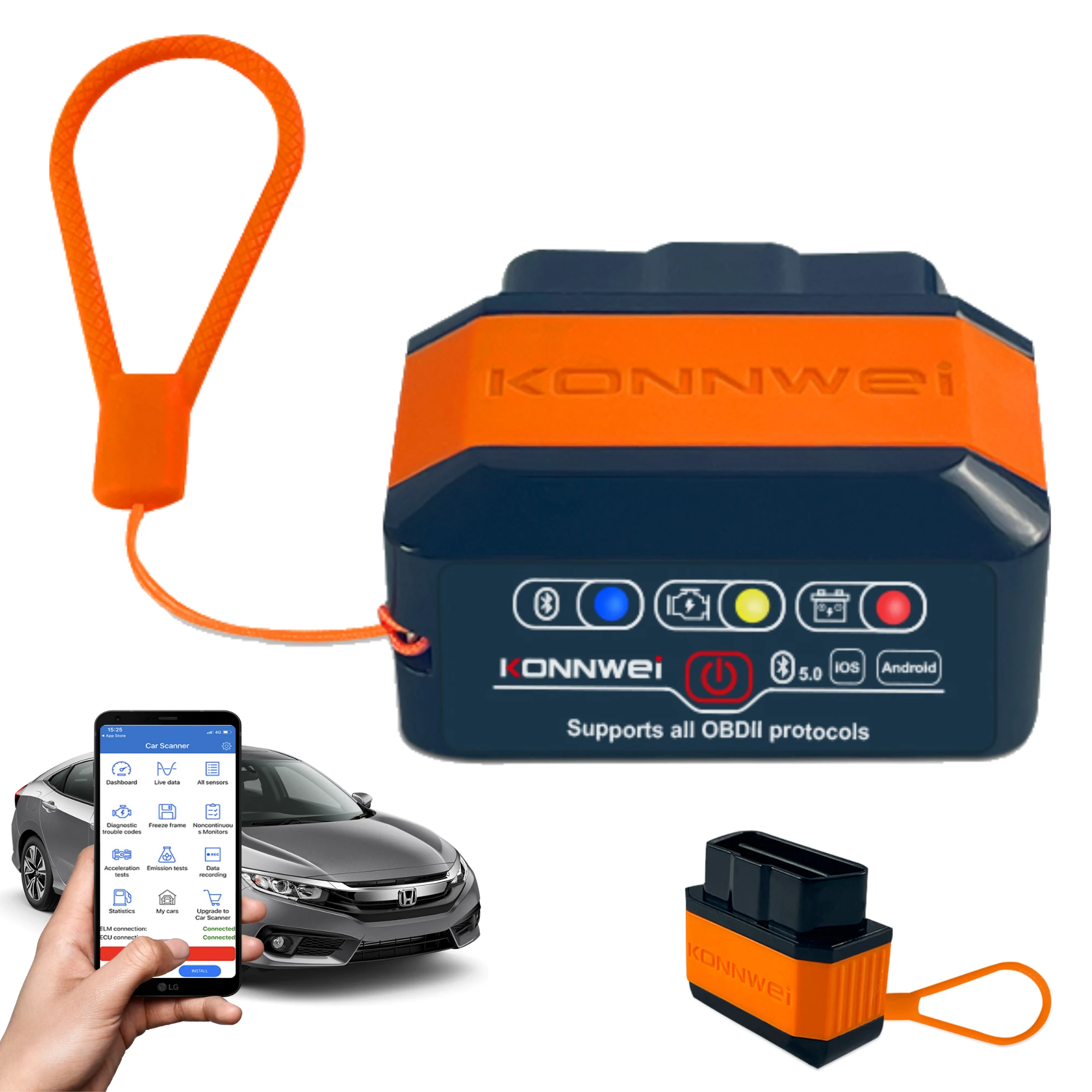 Kompaktiškas „Konnwei KW905“ OBD2 diagnostikos adapteris