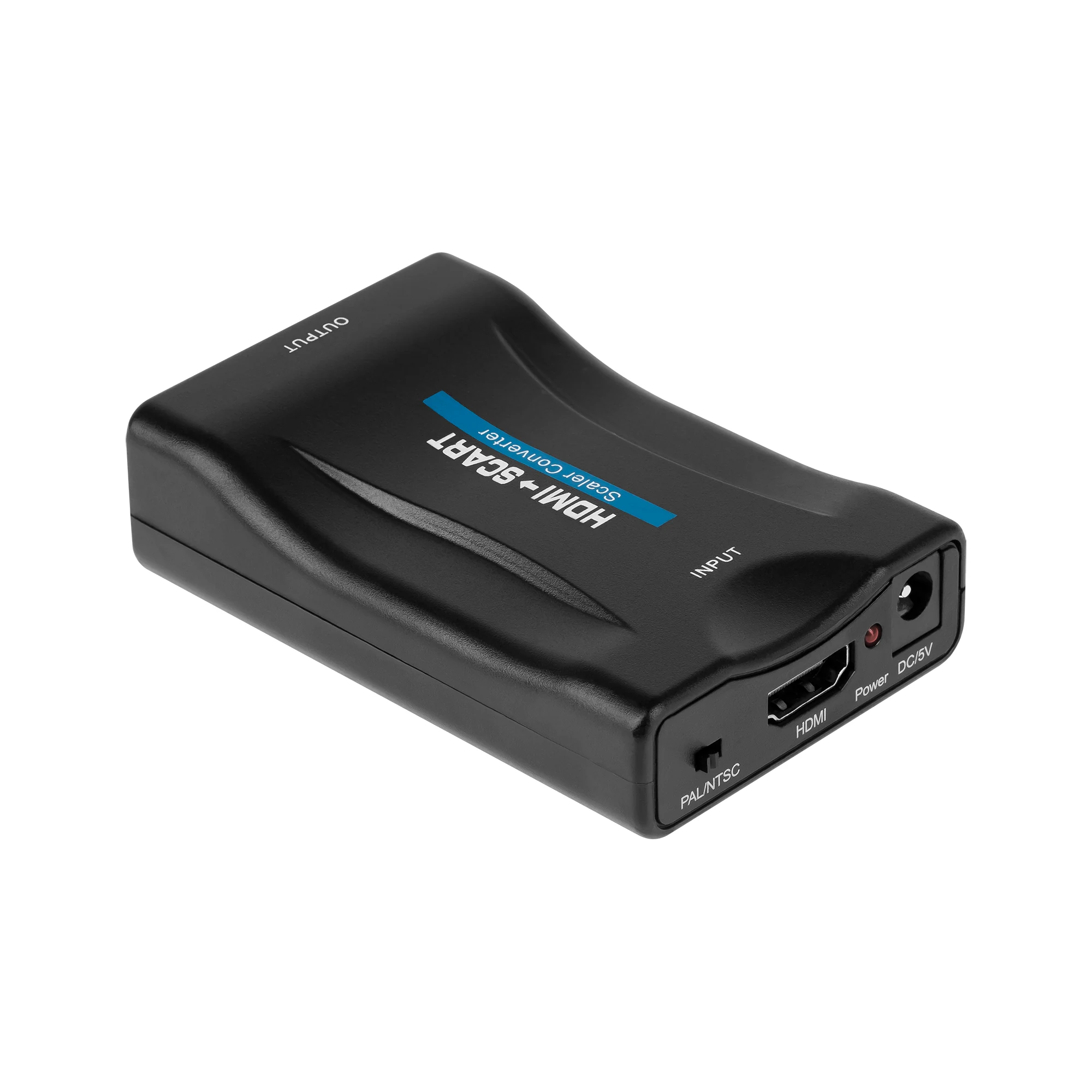 Juodas ZLA0111 keitiklis su HDMI INPUT žyma ir PAL/NTSC jungikliu
