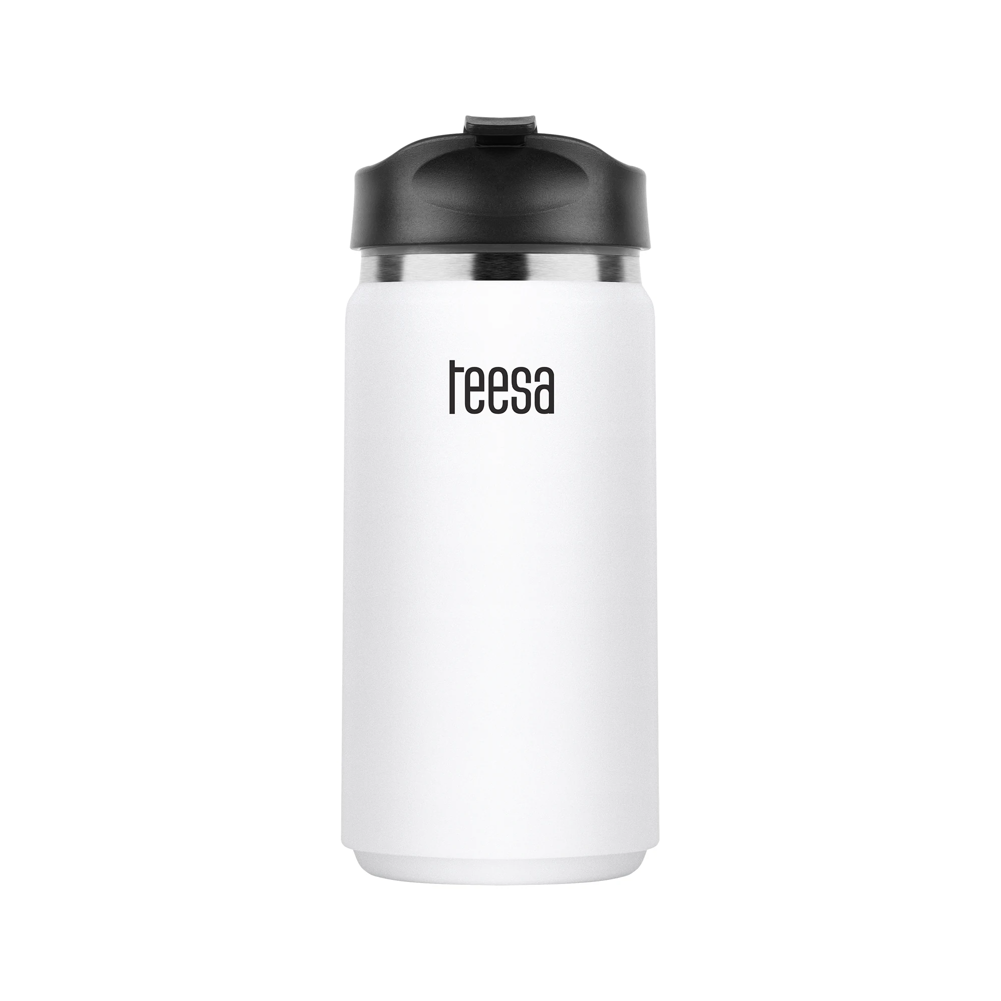 Baltas „Teesa“ termopuodelis su juodu gėrimo dangteliu