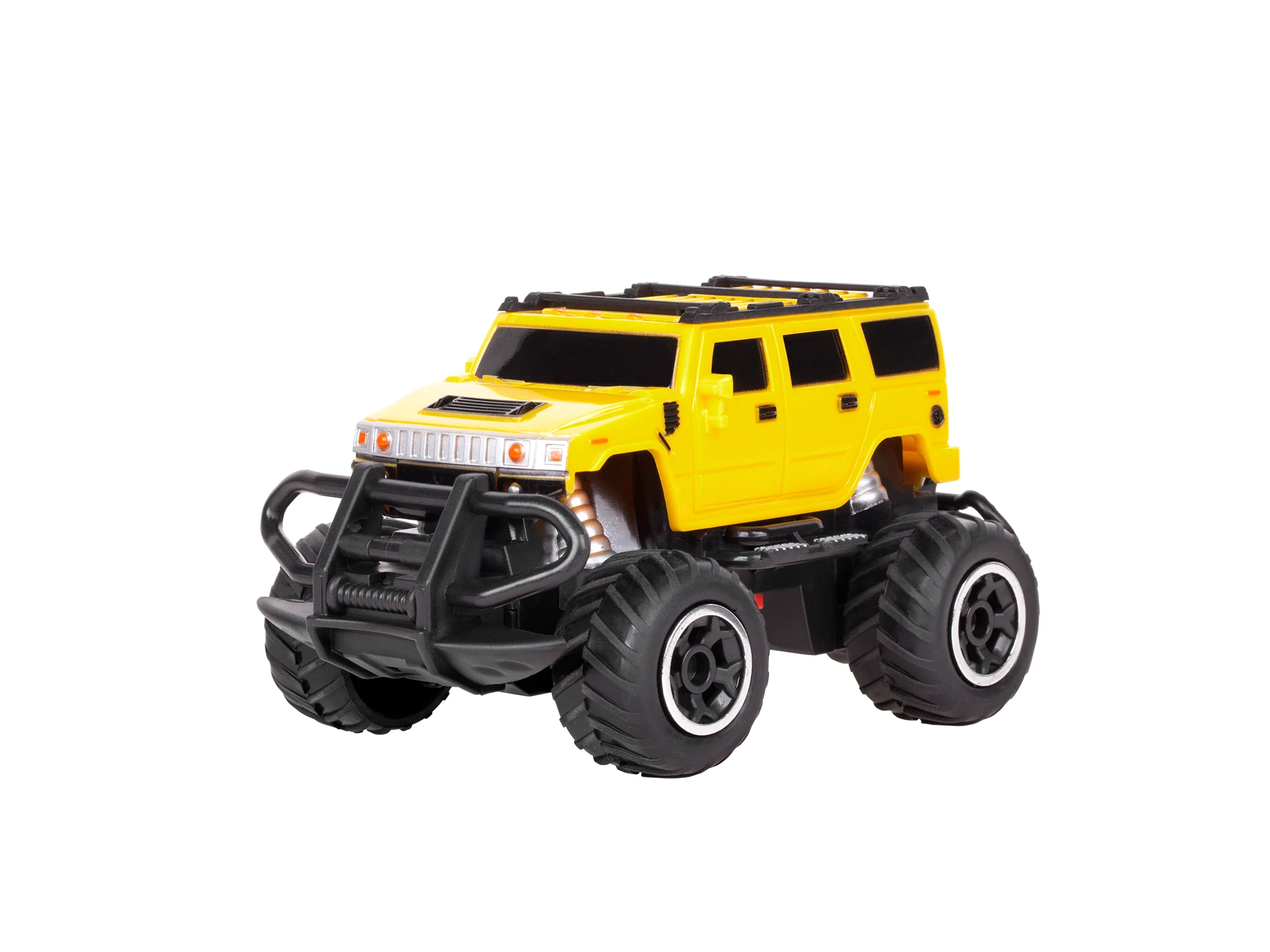 Yellow miniature SUV toy car on a white background