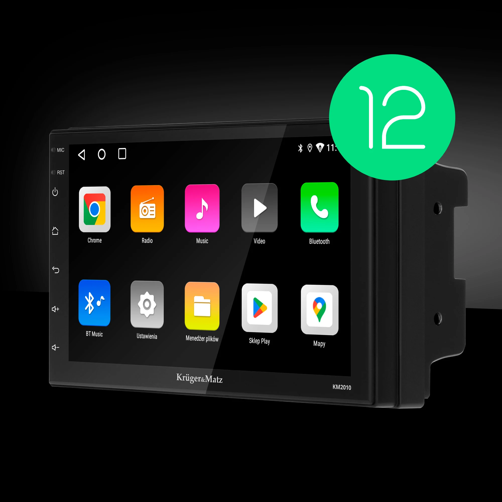 KM2010 car radio at an angle with app icons on its screen