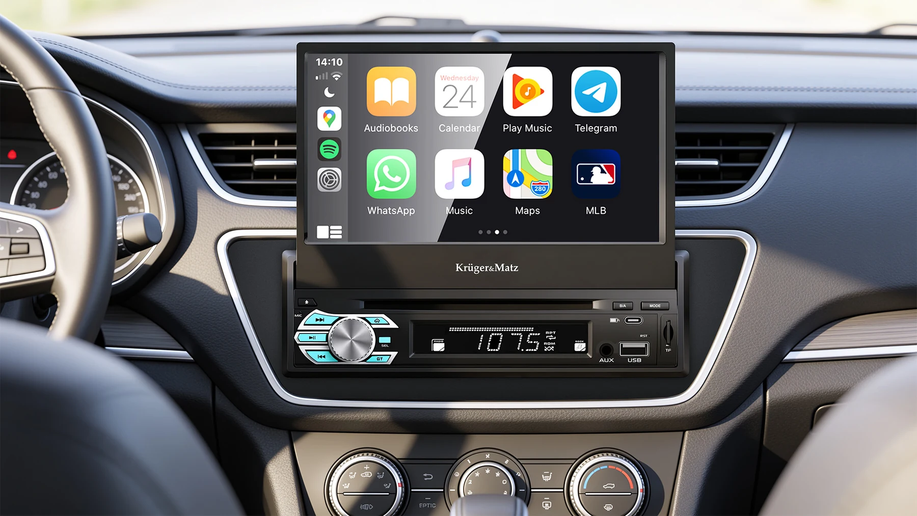 KM2018 imtuvo automobilio prietaisų skydelyje iliustracija su pakeltu ekranu ir matomomis programėlių piktogramomis