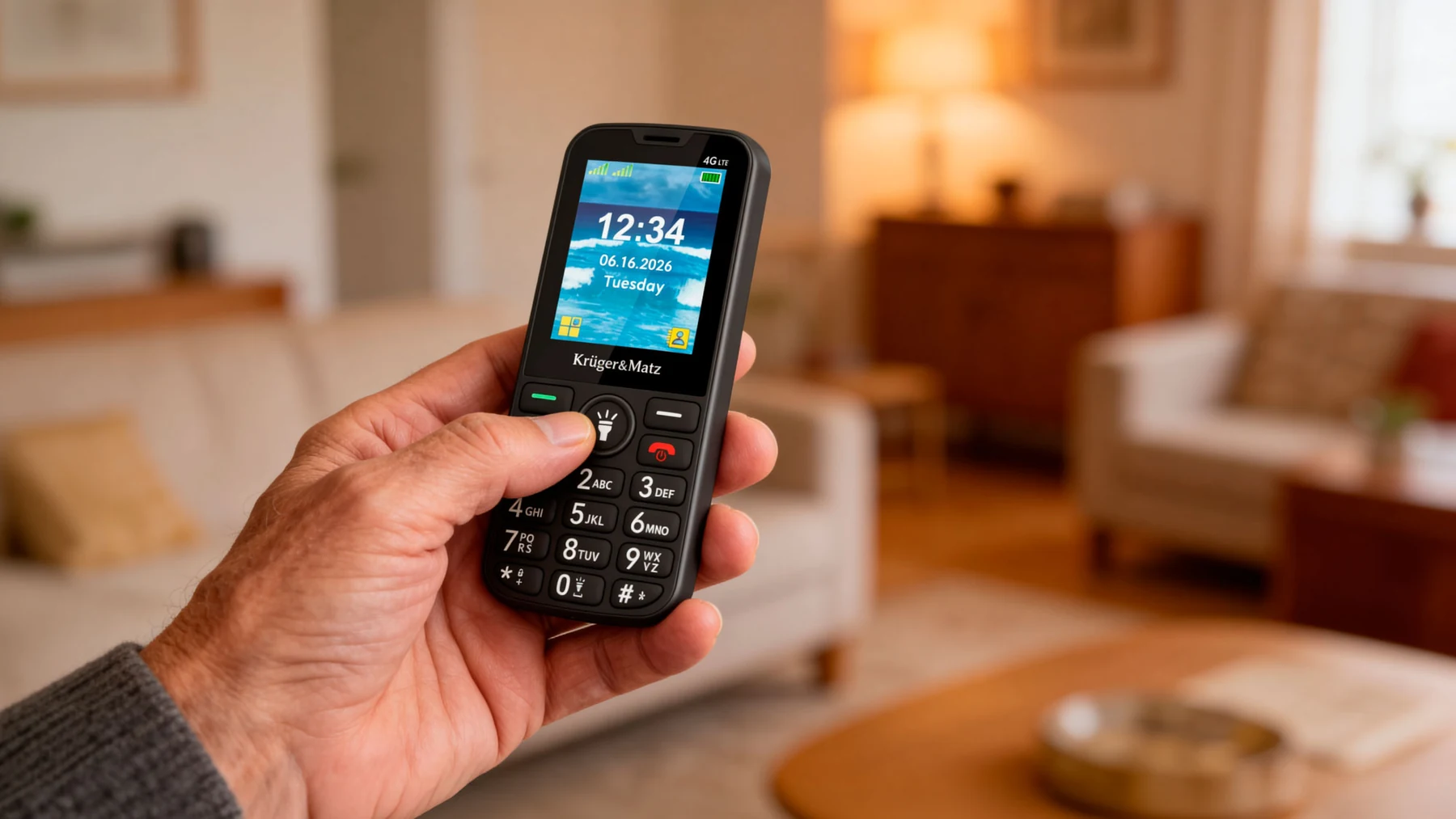 Ranka laiko juodą „Kruger&Matz Simple 924“ telefoną svetainėje
