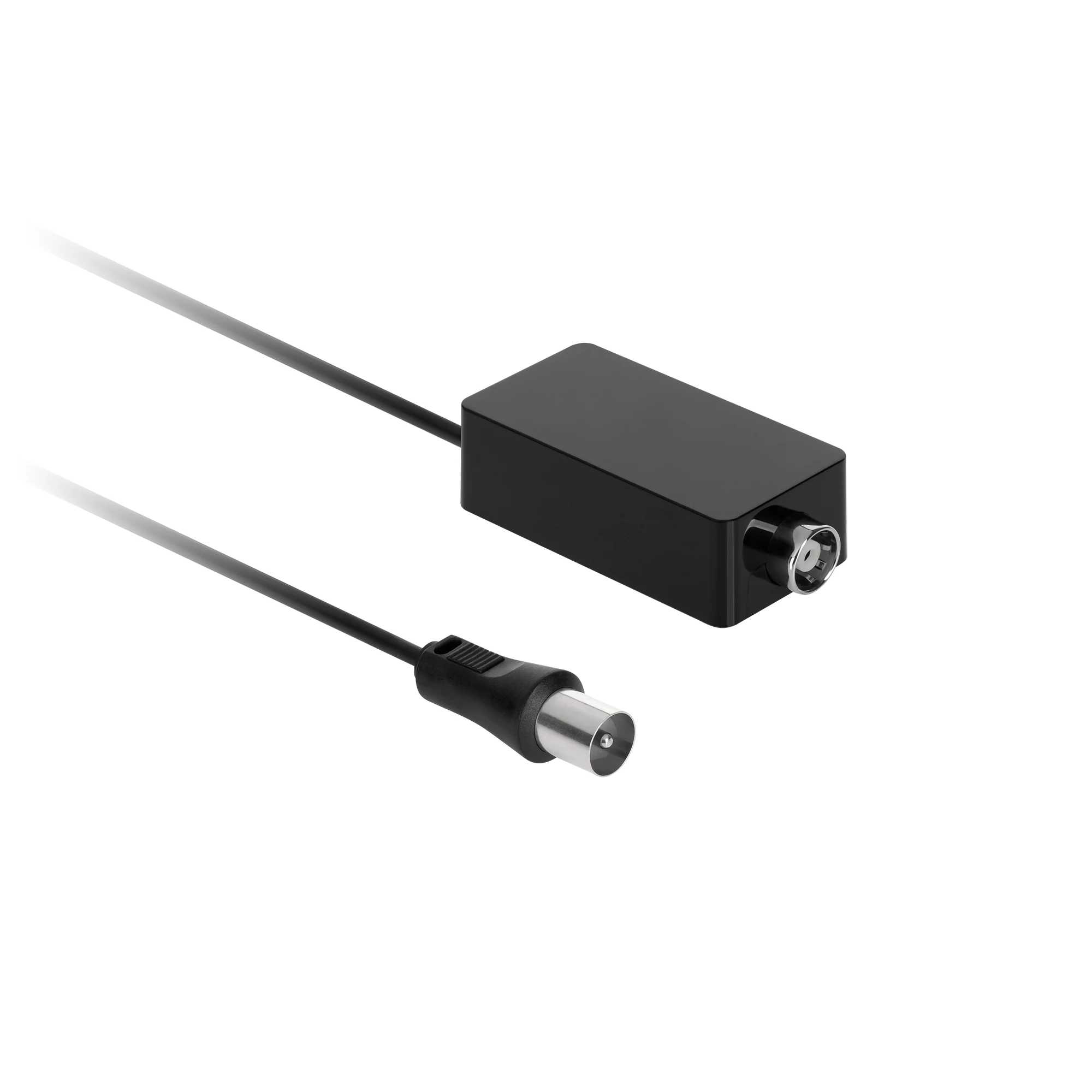 Juodas „Cabletech“ antenos stiprintuvas su bendraašiais laidais abiejuose galuose