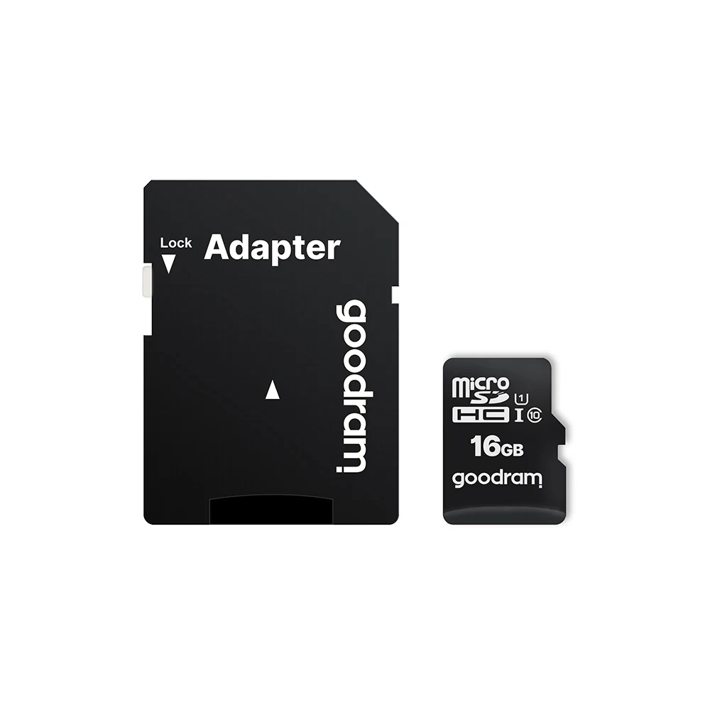 GOODRAM 16 GB microSD card beside its full-size SD adapter, viewed from the front.