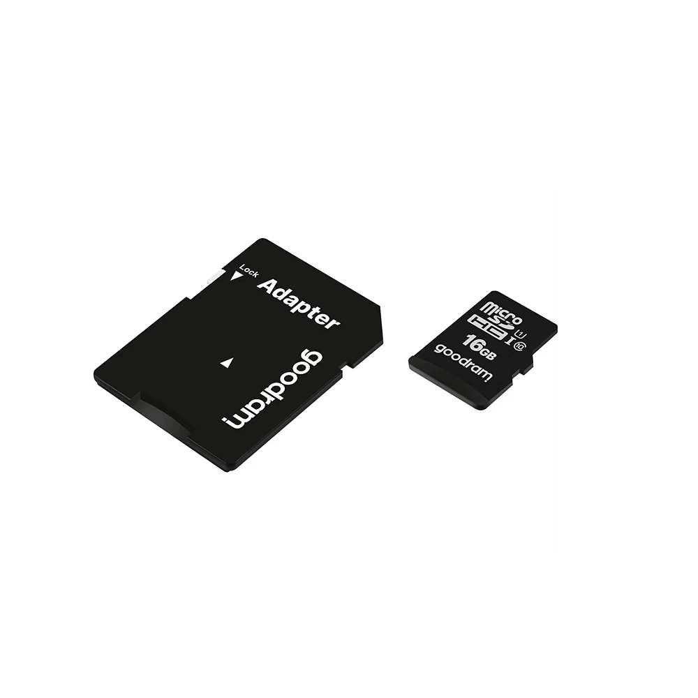 Angled view of the GOODRAM 16 GB microSD card and SD adapter.