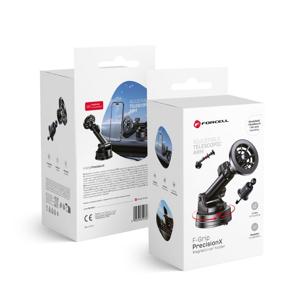 FORCELL F-GRIP PrecisionX magnetinis automobilinis laikiklis priekinio stiklo / prietaisų skydelio / oro angos tvirtinimui, suderinamas su MagSafe, juodas