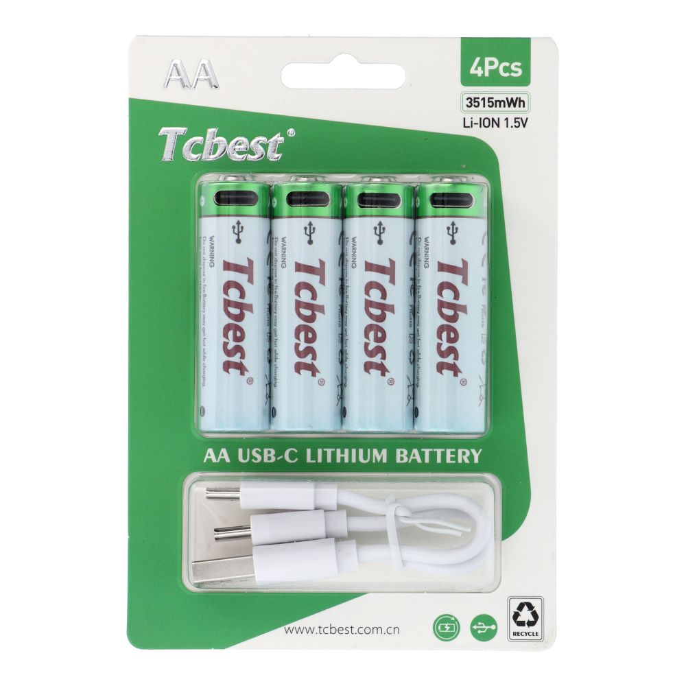 TCBEST įkraunama baterija R6 (AA) 950 mAh su lizdu Type C + kabelis USB A į 4 x Type C 4 vnt.