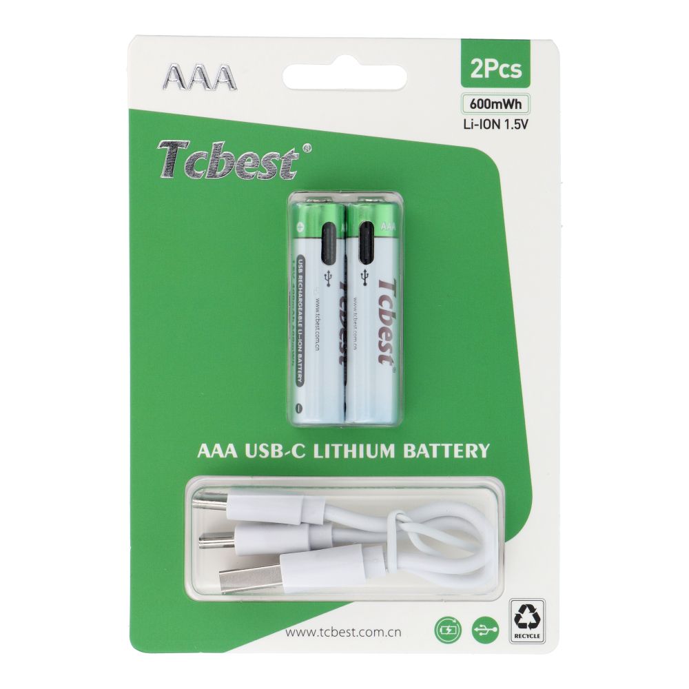 TCBEST įkraunama baterija R3 (AAA) 400 mAh su lizdu Type C + kabelis USB A į 2 x Type C 2 vnt.