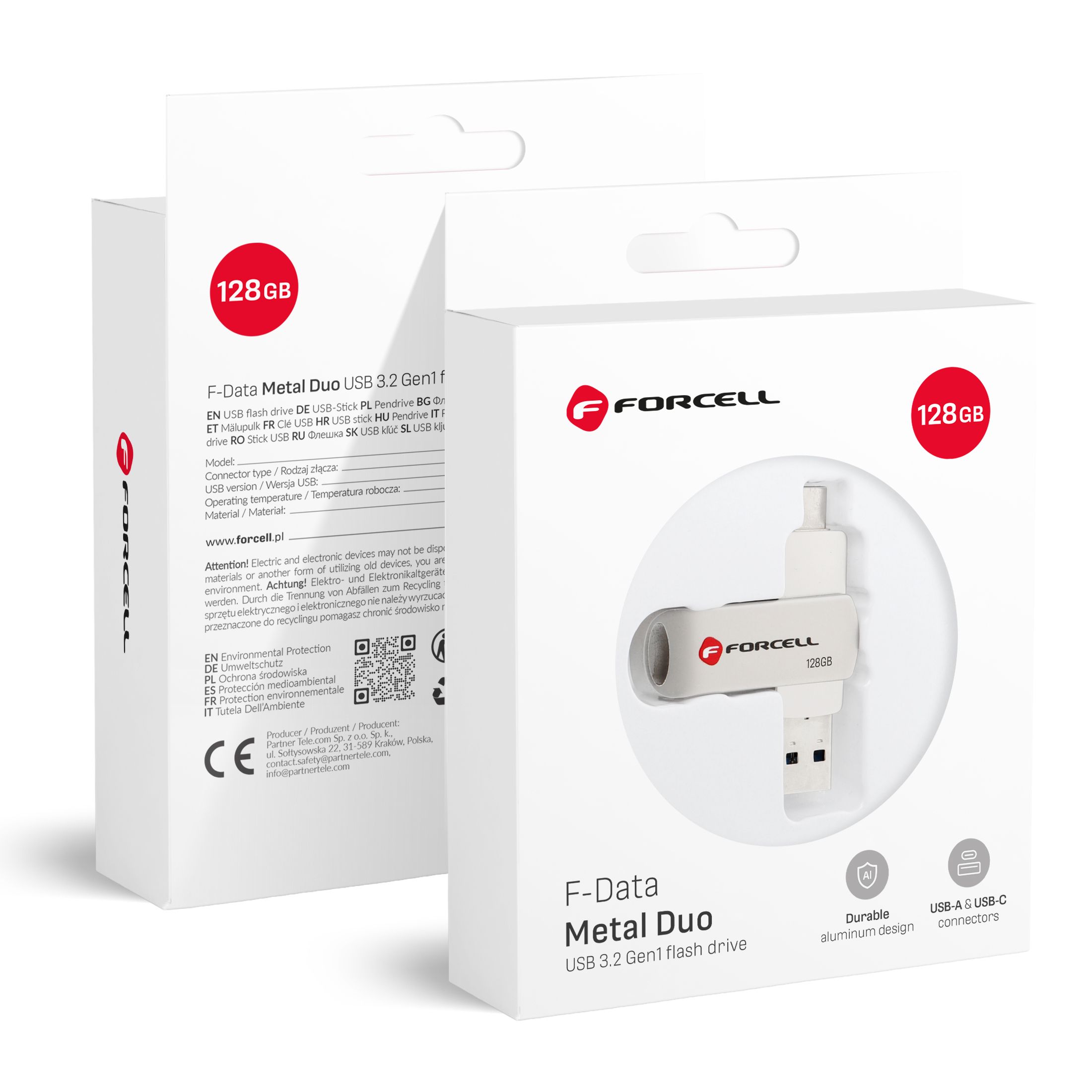 FORCELL F-DATA USB atmintinė Metal Duo 128GB USB3.2 Gen 1 (USB A / Type C) sidabrinė