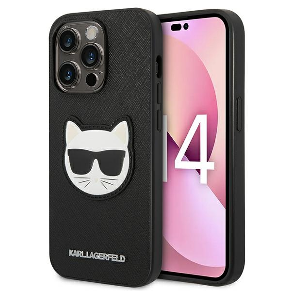 Karl Lagerfeld Saffiano Choupette Head Patch dėklas telefonui iPhone 14 Pro Max - juodas