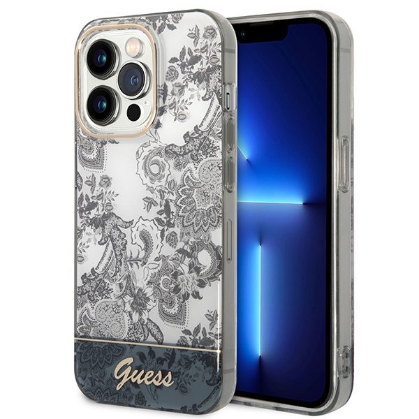 Guess GUHCP14LHGPLHG iPhone 14 Pro 6.1 pilkas / pilkas kietasis dėklas Porcelain Collection