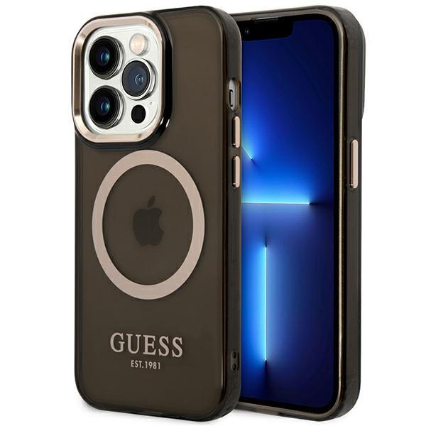 Guess GUHMP14LHTCMK iPhone 14 Pro 6.1" juodas/juodas kietas dėklas Auksinis kontūras Pusiau permatomas Magnetinis