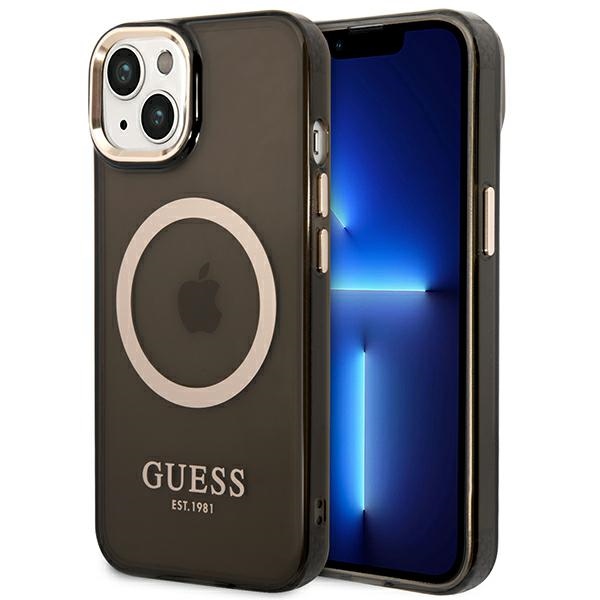 Guess GUHMP14MHTCMK iPhone 14 Plus 6.7" juodas/juodas kietas dėklas Auksinis kontūras Pusiau permatomas Magnetinis