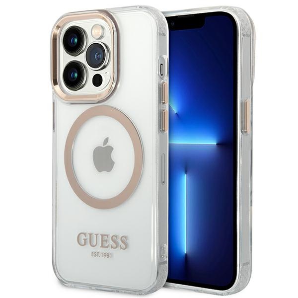 Guess GUHMP14XHTRMD iPhone 14 Pro Max 6.7 "auksinis / auksinis kietas dėklas Metalinis kontūras Magnetinis