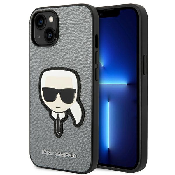 Karl Lagerfeld Saffiano Karlo Galvos Pleistras dėklas iPhone 14 - sidabrinis