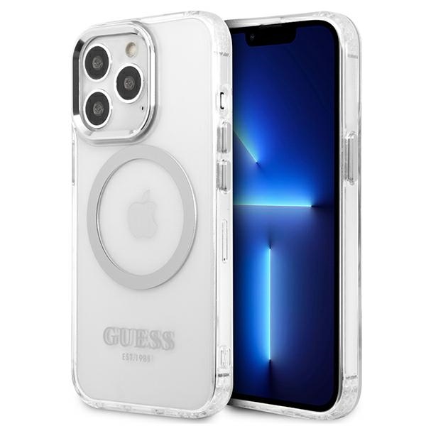 Guess Metal Outline Magnetinis MagSafe dėklas telefonui iPhone 13 Pro / iPhone 13 - sidabrinis