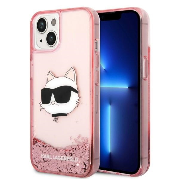 Karl Lagerfeld blizgus Choupette galvos dėklas telefonui iPhone 14 Plus - rožinis