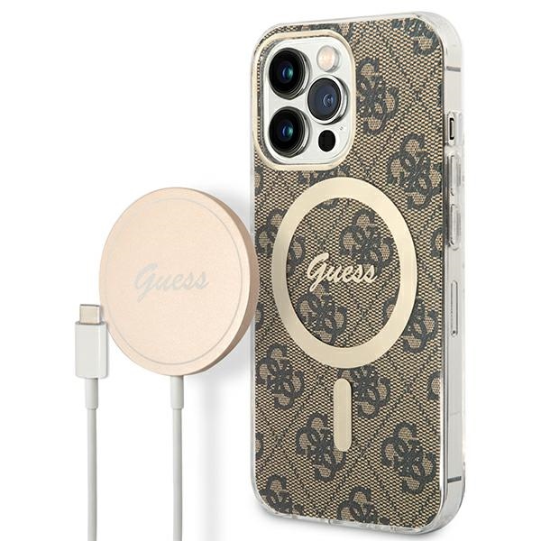 Rinkinys Guess GUBPP13LH4EACSW dėklas + įkroviklis iPhone 13 Pro rudas kietas dėklas su 4G raštu Magnetinis