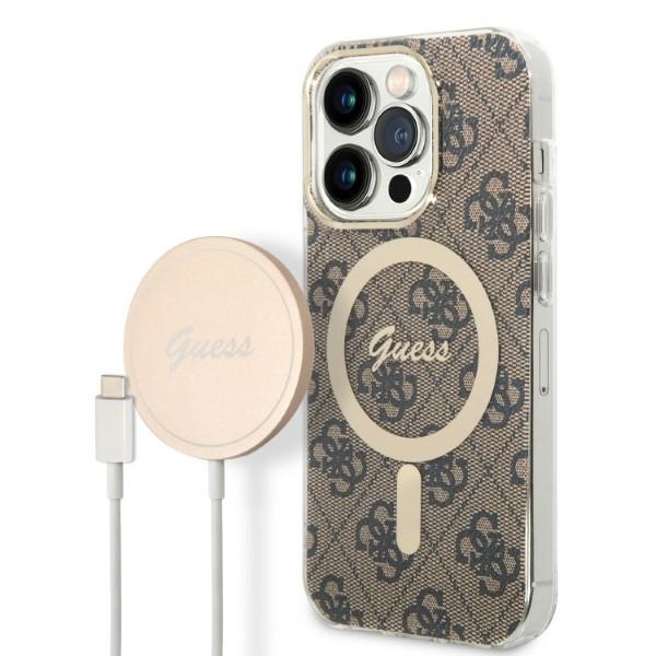 Rinkinys Guess GUBPP14LH4EACSW dėklas + įkroviklis iPhone 14 Pro 6.1" rudas/rudas kietas dėklas 4G Print Magnetinis