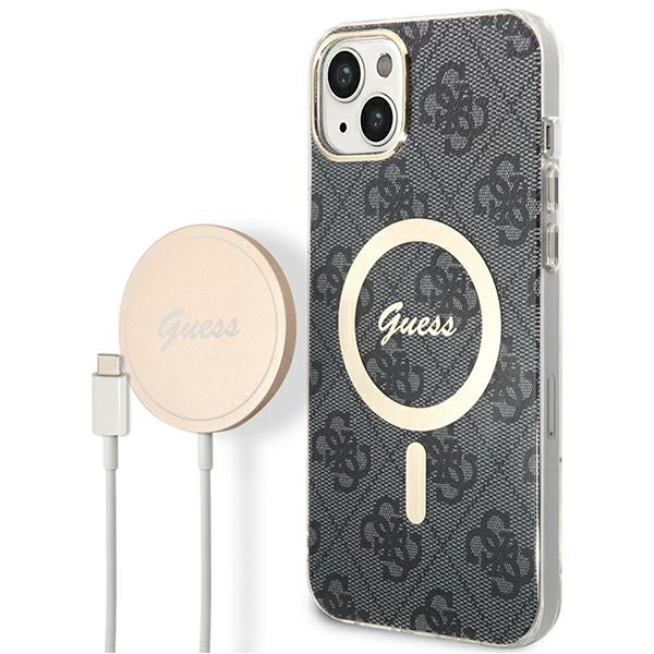 Rinkinys Guess GUBPP14MH4EACSK dėklas + įkroviklis iPhone 14 Plus 6.7" juodas/juodas kietas dėklas 4G Print Magnetinis
