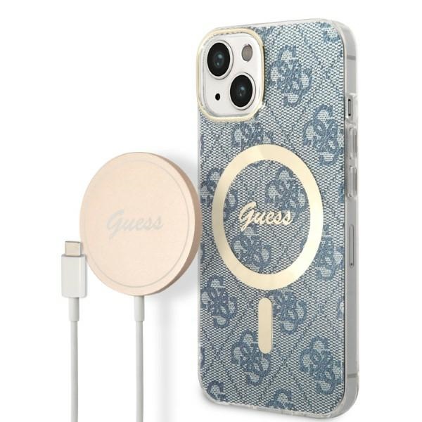 Rinkinys Guess GUBPP14SH4EACSB dėklas + įkroviklis iPhone 14 6.1" mėlynas/kietas dėklas 4G Spausdinimas Magnetinis
