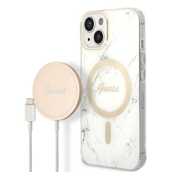 Rinkinys Guess GUBPP14SHMEACSH dėklas + įkroviklis iPhone 14 6.1" baltas/kietas dėklas Marmuras Magnetinis