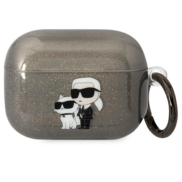 Karl Lagerfeld KLAPHNKCTGK Airpods Pro dėklas juodas/juodas Blizgučiai Karl&Choupette