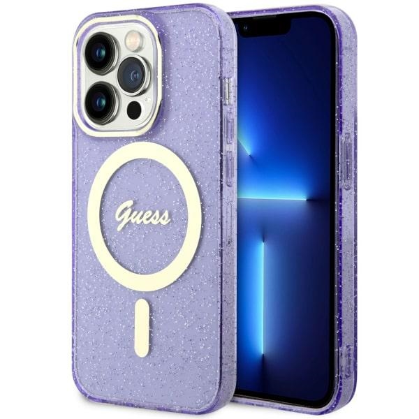 Guess GUHMP14XHCMCGU iPhone 14 Pro Max 6.7" violetinis kietas dėklas Glitter Gold Magnetinis