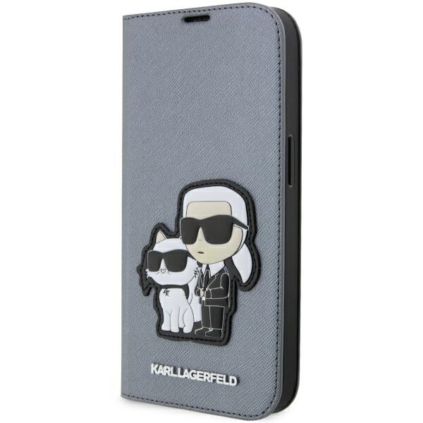 Karl Lagerfeld KLBKP14LSANKCPG iPhone 14 Pro 6.1" knygos tipo dėklas sidabrinis Saffiano Karl & Choupette