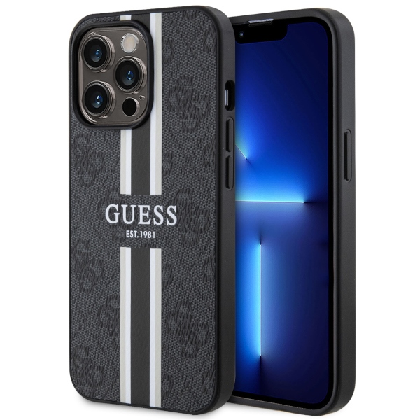 Guess GUHMP13LP4RPSK iPhone 13 Pro / 13 6.1" juodas/juodas kietas dėklas 4G Printed Stripes MagSafe