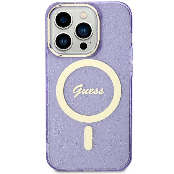 Guess GUHMN61HCMCGU iPhone 11 / Xr 6.1" violetinis kietas dėklas Blizgučiai Auksas MagSafe